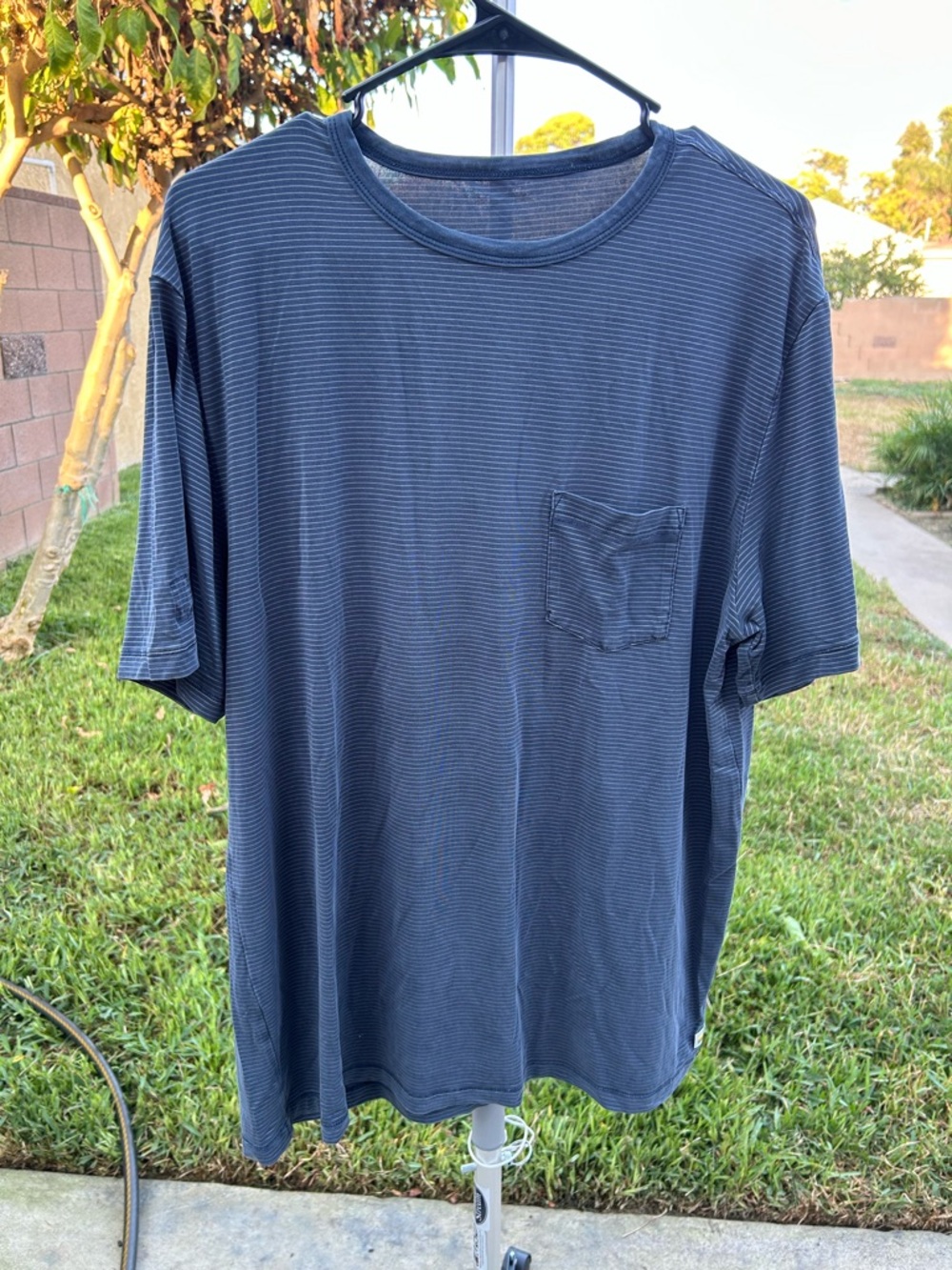 Vuori Navy Micro-Stripe Pocket Tee